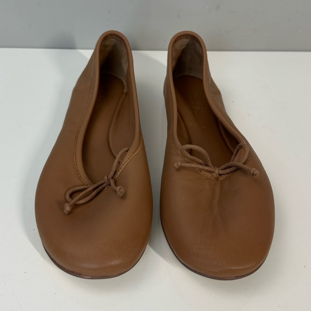Women's Tan Leather Ballet Flats with Bow - Picture 5 of 15